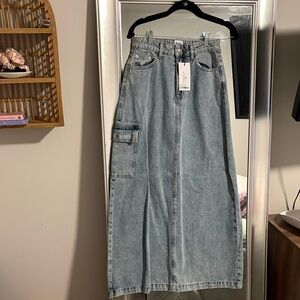 Light Wash Denim Maxi Skirt with Utility Pocket